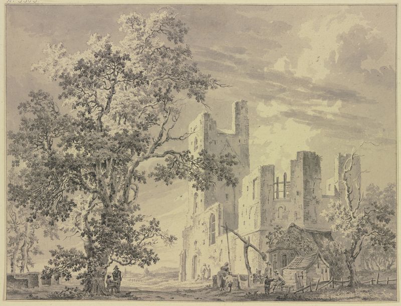 Pintura a óleo de Paulus van Liender mostrando ruínas e um poço com luz e sombras.