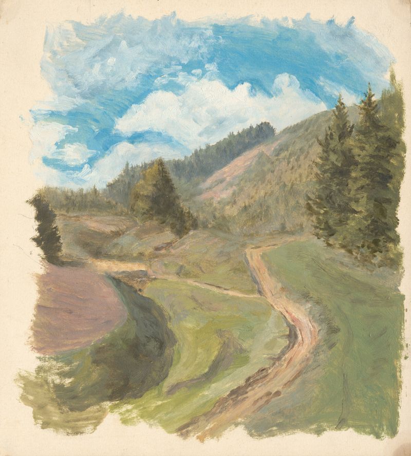 Fork in the Road de Jan Nowopacký, pintura a óleo que retrata um caminho divergente através de folhagem exuberante.