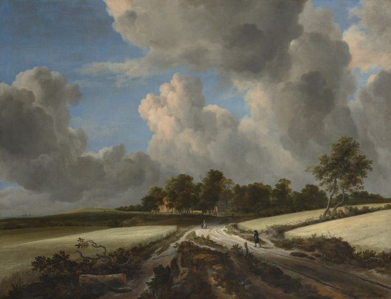 Campos de Trigo de Jacob van Ruisdael, óleo sobre lienzo que representa campos dorados y nubes.