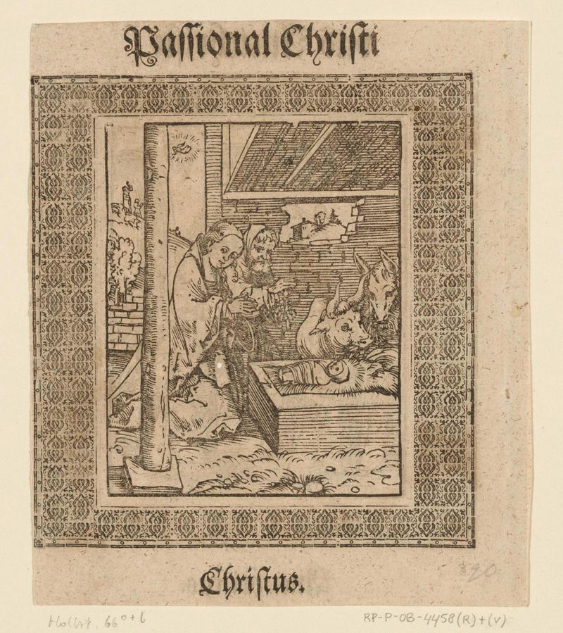 Geboorte van Christus de Lucas Cranach, meio papel, mostrando Maria com o Menino Jesus em uma cena de natividade.