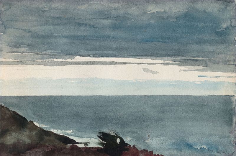 Prout’s Neck, Evening de Winslow Homer, óleo sobre tela representando um pôr do sol sobre a costa