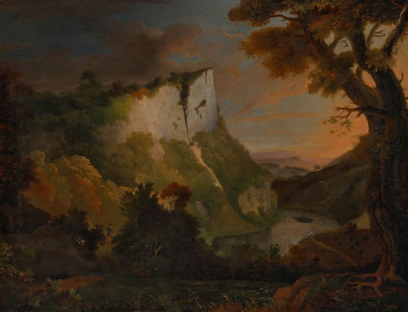 High Tor, Matlock Derbyshire by Alexander Cozens, oil painting depicting cliffs and a river.