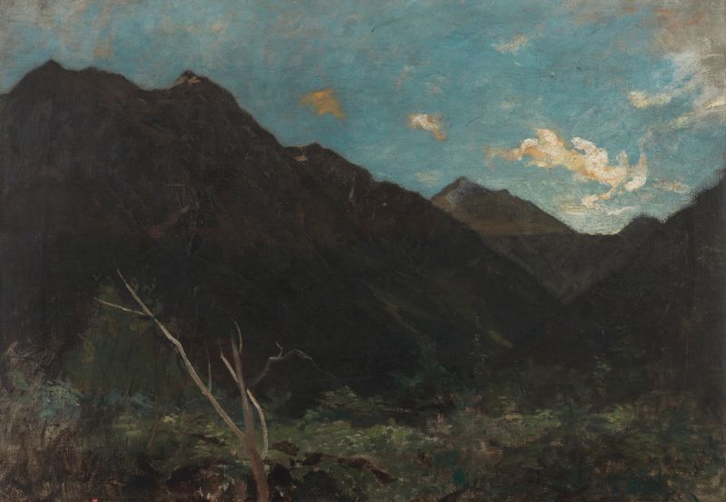 Mount Rolleston by Petrus van der Velden, oil on canvas, depicting a mountain under swirling skies