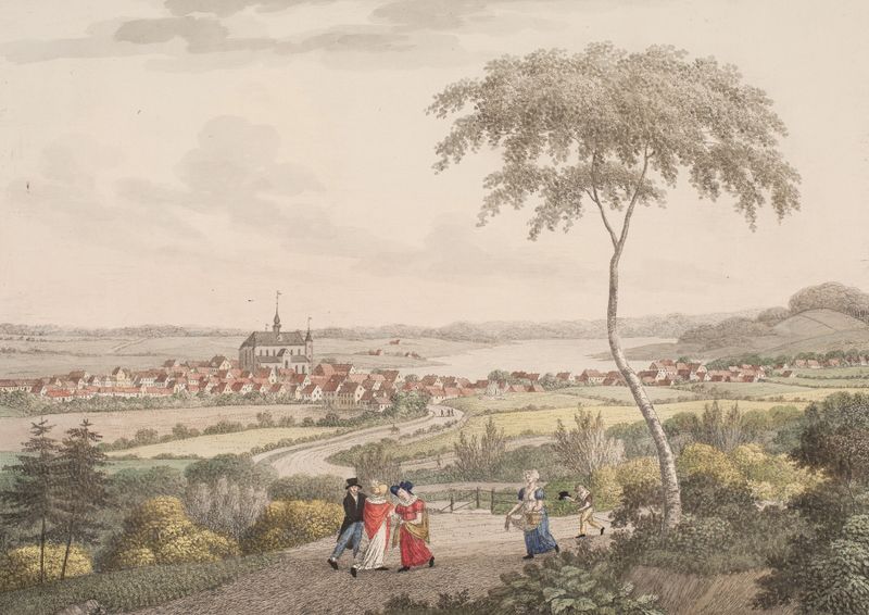 Haderslev de Søren L. Lange, pintura a óleo de uma paisagem serena com uma cidade distante e colinas