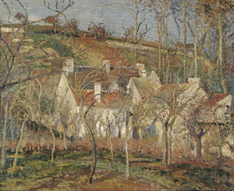 Paisaje invernal con techos rojos y nieve, óleo sobre lienzo de Camille Pissarro
