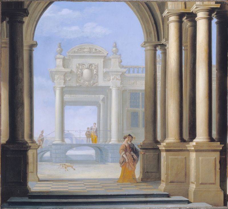 The Entrance to a Palace by Dirck van Delen, oil painting featuring an archway and vibrant colors.