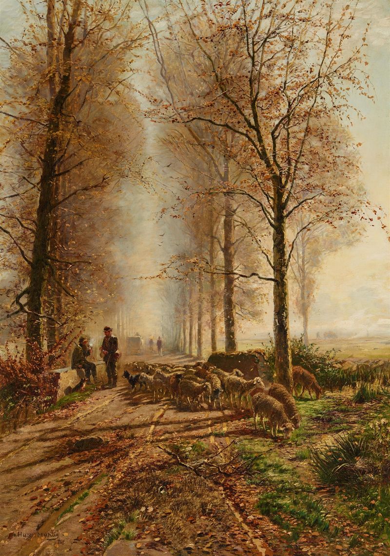 Pintura figurativa al óleo de Hugo Mühlig que muestra dos figuras en tonos cálidos de tierra.