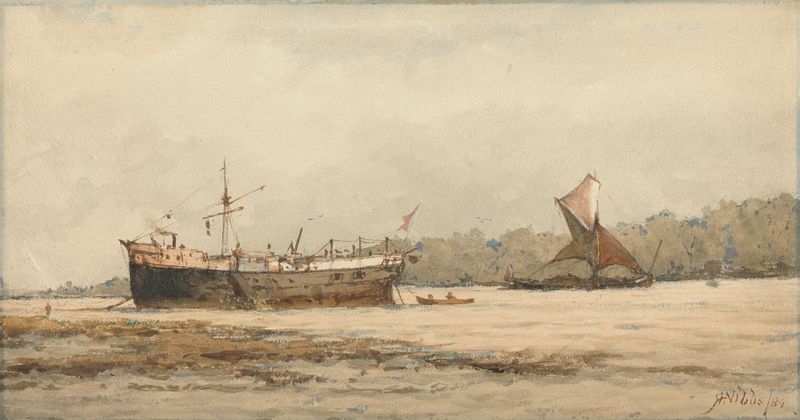 Un barco y una barcaza en un río, pintura al óleo de Richard Henry Nibbs