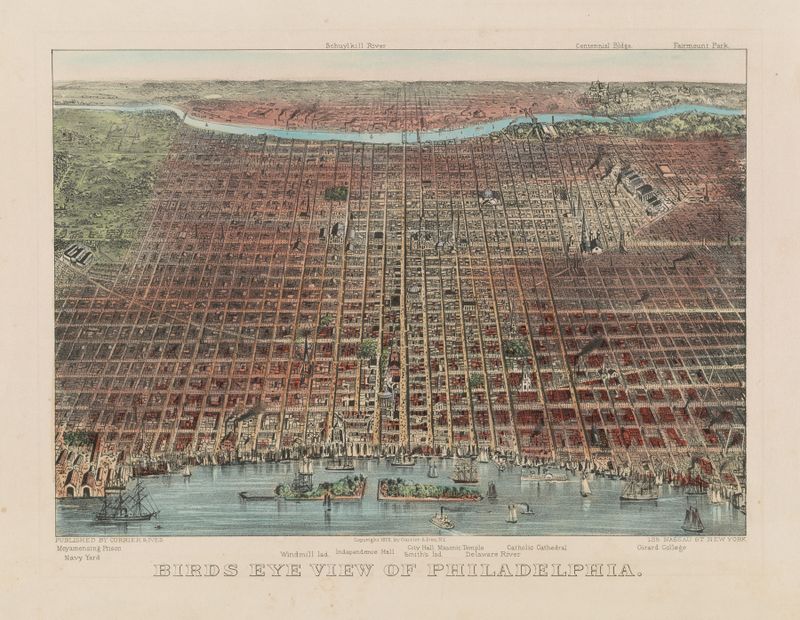 Litografía de Currier & Ives que muestra el ayuntamiento de Filadelfia y el paisaje urbano
