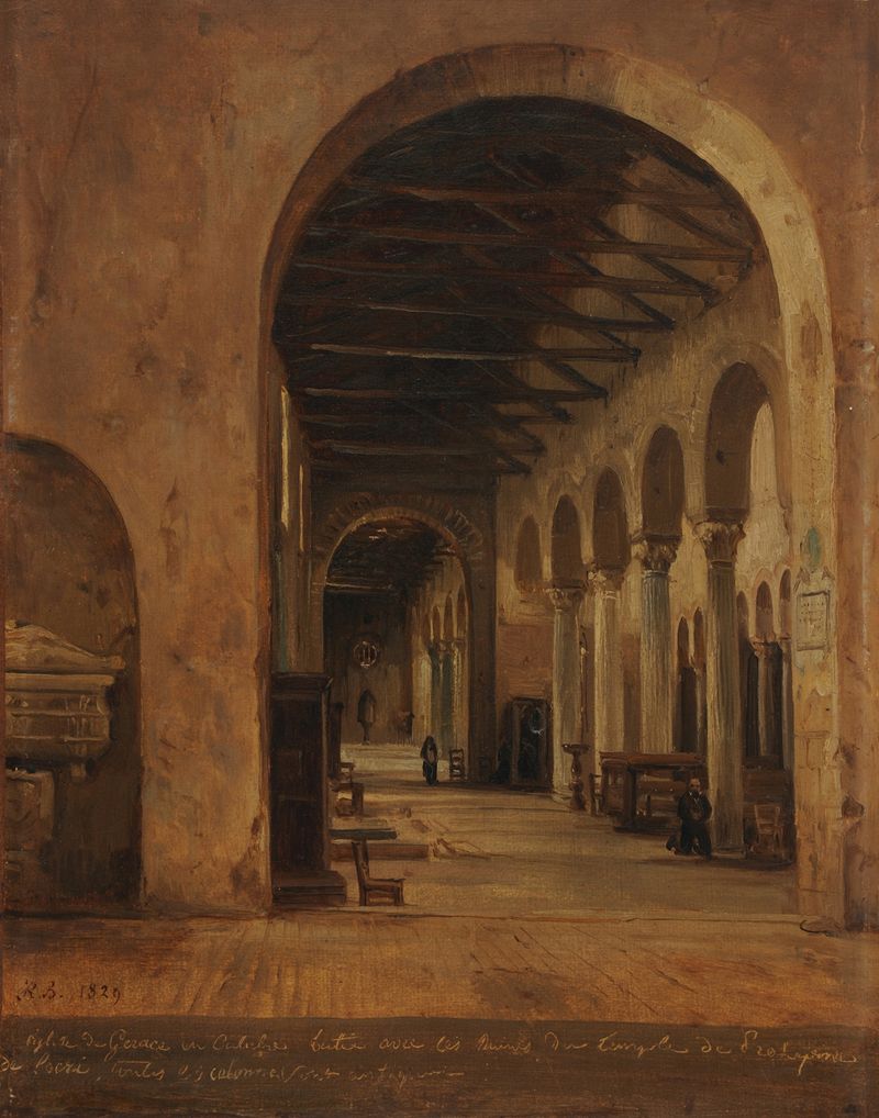 Interior de una iglesia con vitrales, óleo sobre lienzo de Jacques-Raymond Brascassat