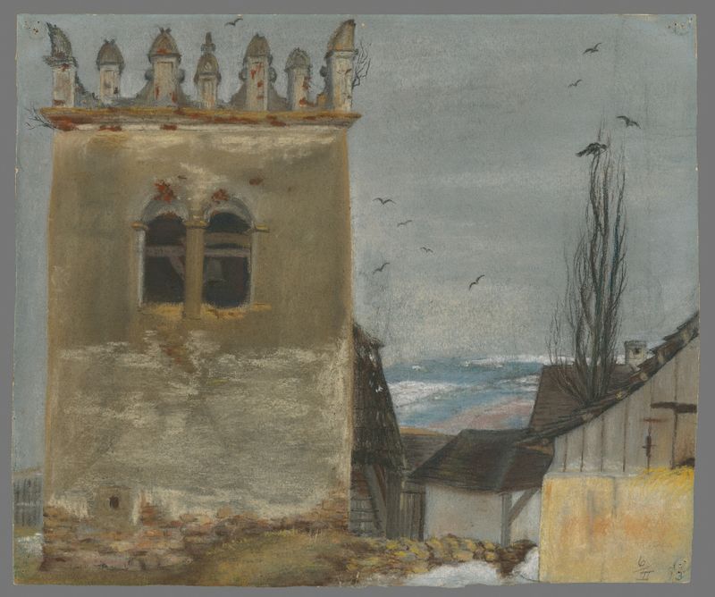 O Campanário em Strážky de Ladislav Mednyánszky, óleo sobre tela que retrata um campanário em uma paisagem tranquila