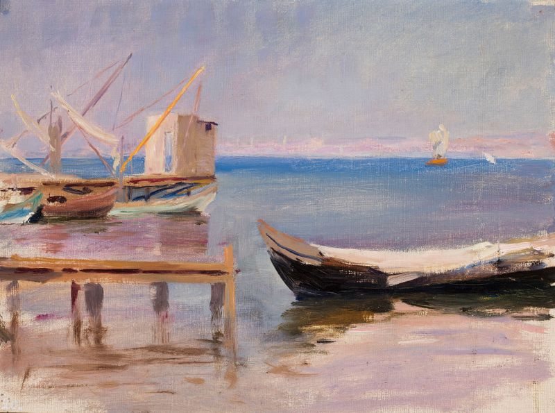 Barcos na costa por Jan Ciągliński, Impressionismo, retratando barcos descansando à beira da água
