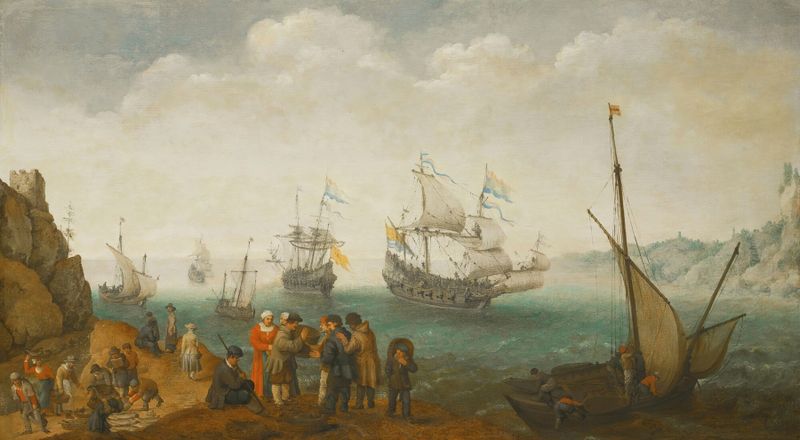 Marine scene with vessels and figures trading, oil painting by Adam Willaerts