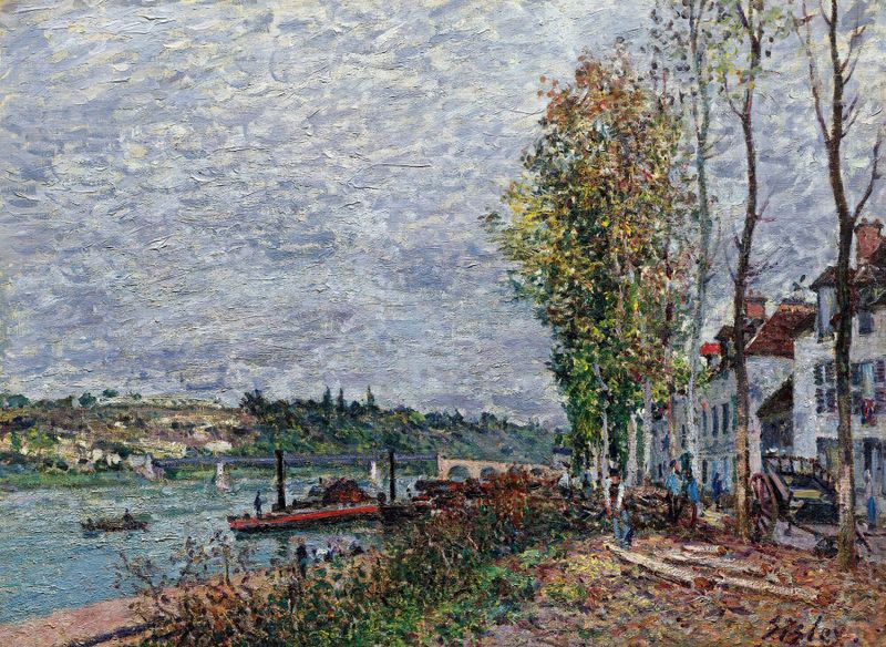 Paisagem enevoada com um rio e árvores, óleo sobre tela de Alfred Sisley