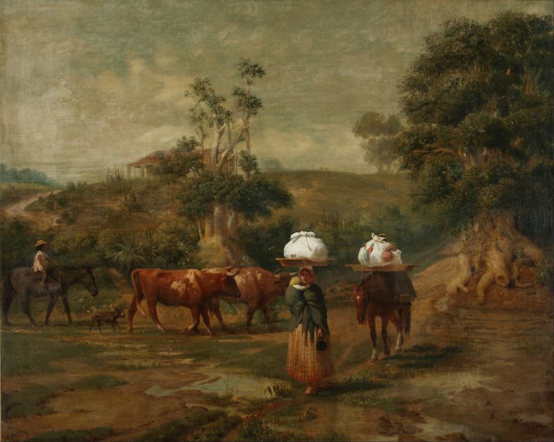 Cena de gênero representando mulheres lavando roupas, pintura a óleo de Prilidiano Pueyrredòn