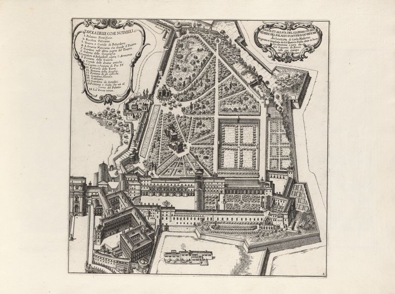 Engraving by Giovanni Battista Falda depicting a lush garden with trees and foliage.