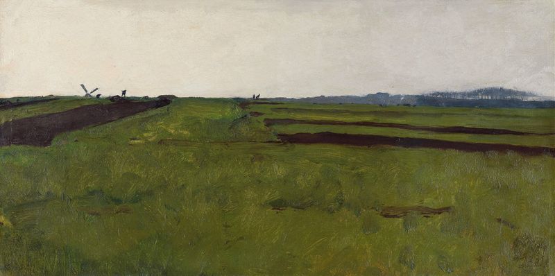 Landscape with fields de Willem Witsen, pintura a óleo, retratando campos ao crepúsculo com luz dourada