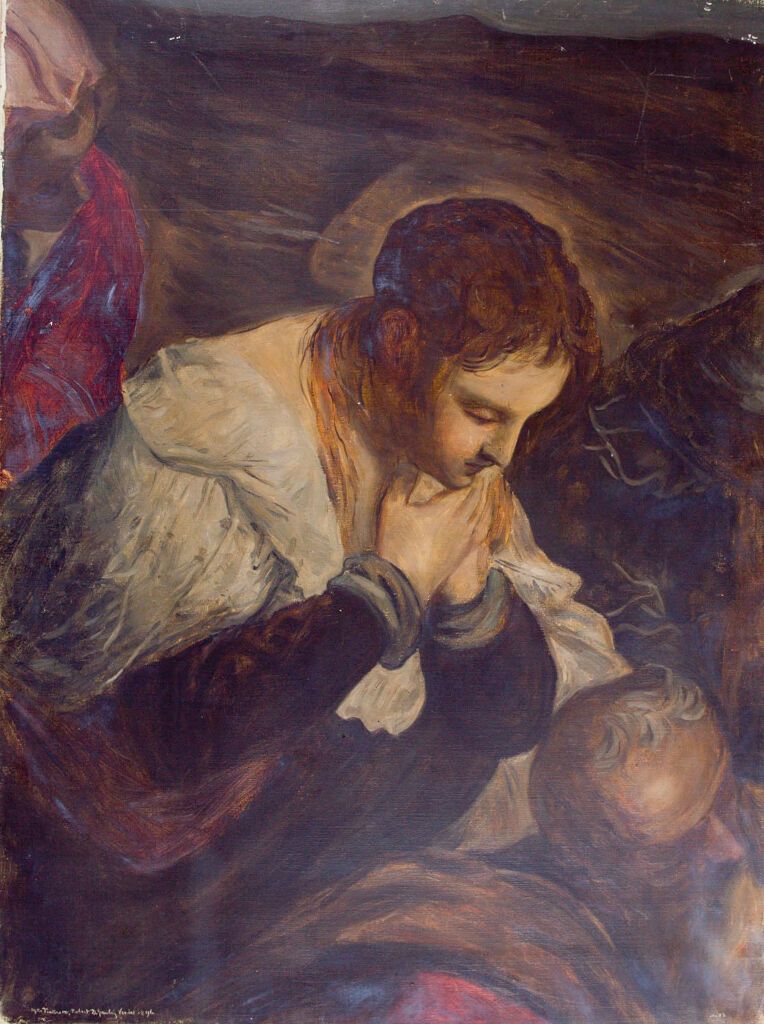 Three figures in procession, oil on canvas by Robert David Gauley