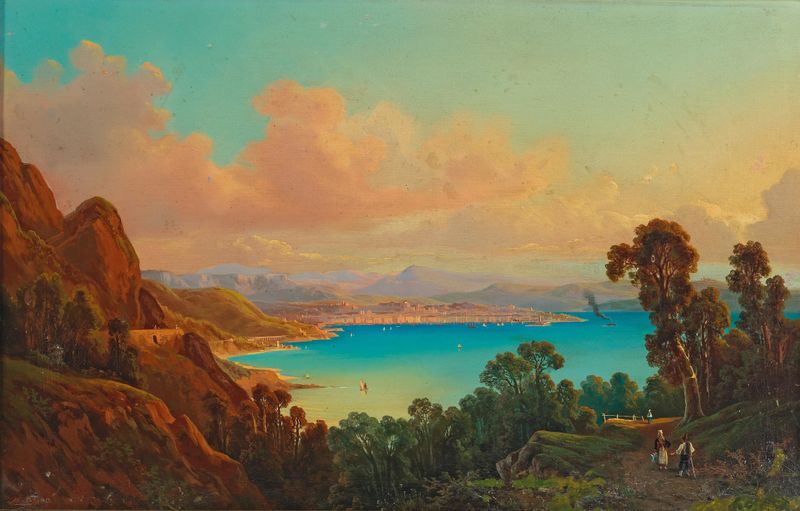 Blick In Die Bucht Von Triest, óleo sobre lienzo de Albert Rieger, que representa una tranquila bahía y horizonte.