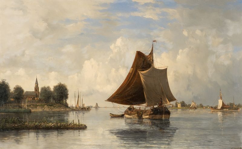 Paisagem fluvial holandesa com barcos à vela, óleo sobre tela de Francois Carlebur