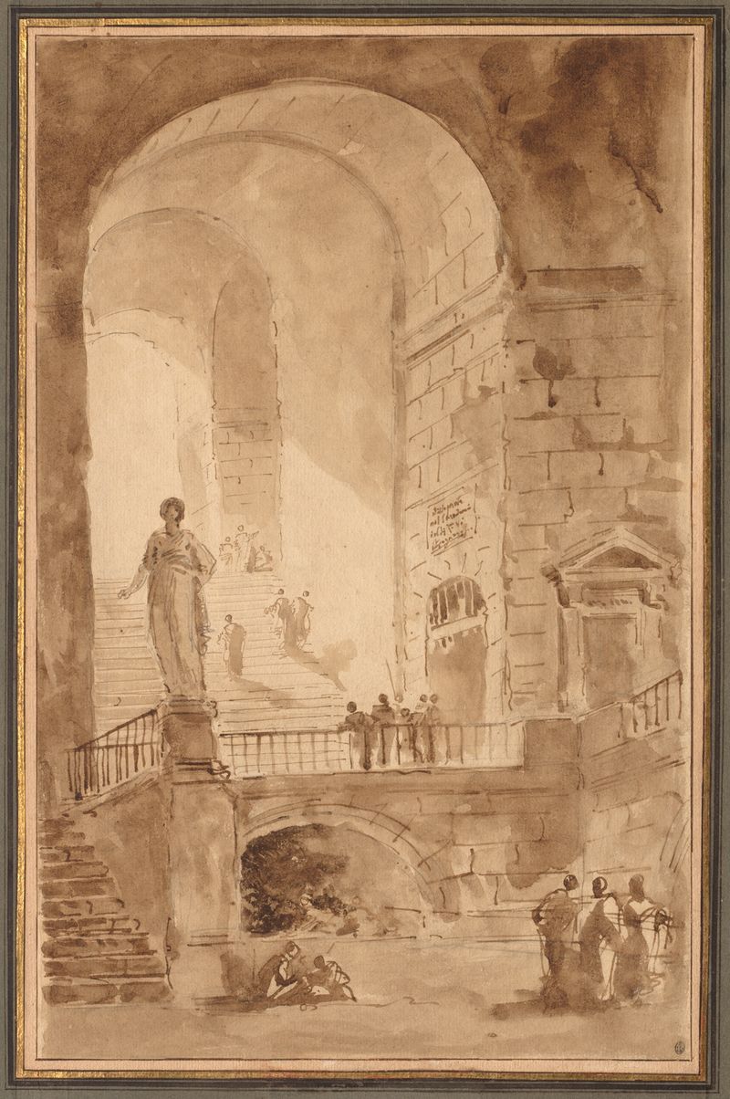 Vaulted Staircase de Hubert Robert, pintura al óleo que muestra arcos de piedra y luz suave.