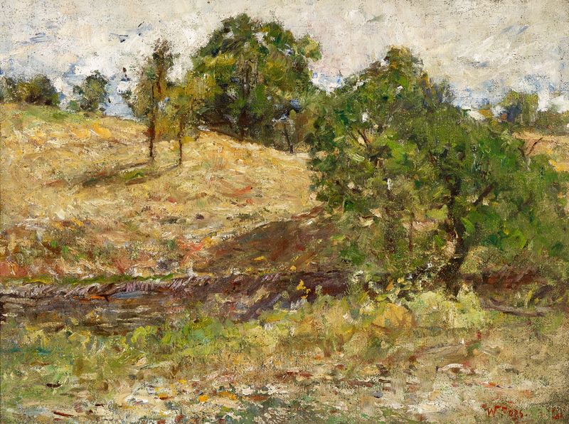 Indiana Landscape by William J. Forsyth, oil on canvas depicting trees and dappled light