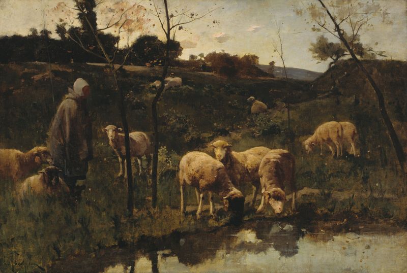 Landscape with sheep grazing on green grass, oil painting by Harry Thompson