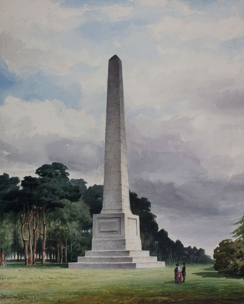 The Monument, Bromsgrove, Lickey de Elijah Walton, pintura a óleo que retrata um monumento de granito em uma paisagem.