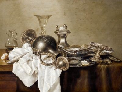 Still life with food and vessels, oil on panel by Willem Claesz Heda