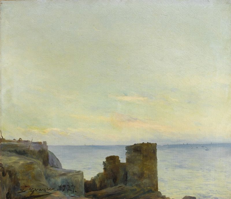 Seascape with Ruins de Luis Graner i Arrufi, pintura a óleo que retrata um mar vibrante e ruínas.