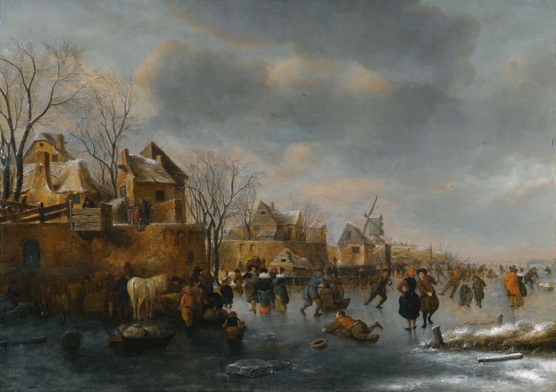 Winter landscape with figures on ice, oil painting by Nicolaes Molenaer