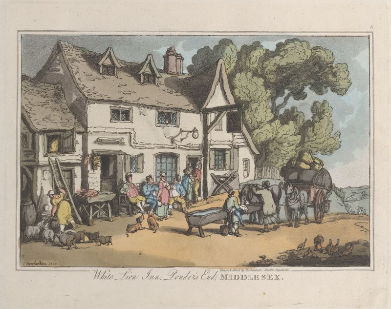 Genre scene at White Lion Inn by Thomas Rowlandson, 1822, depicting patrons in an interior setting.