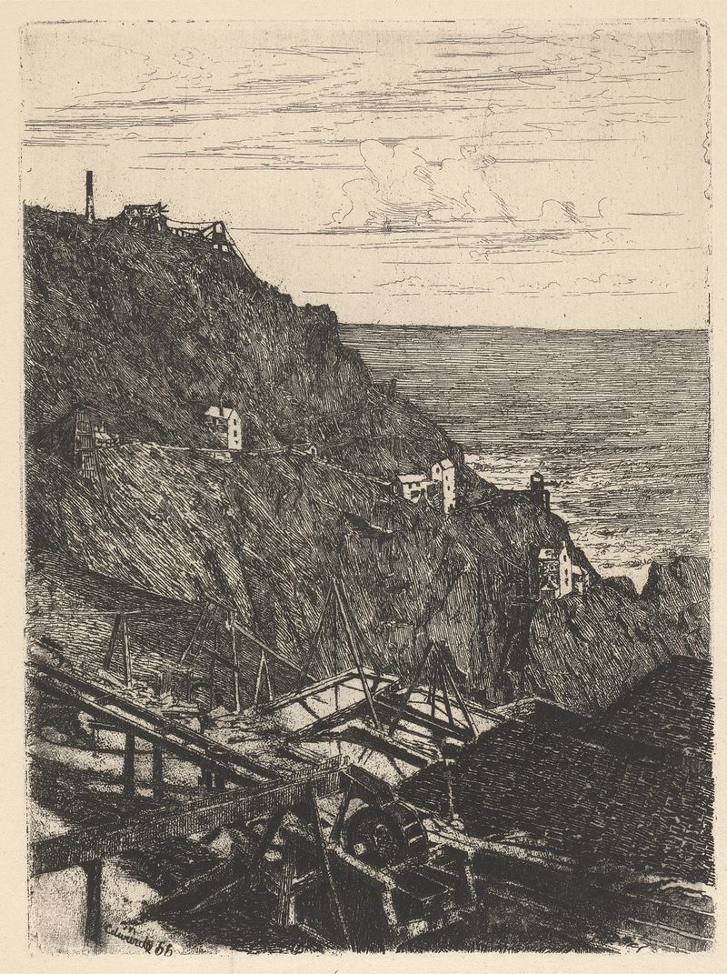 Mines de Botallack by Edwin Edwards, oil on canvas depicting a haunting landscape of memory and grief.