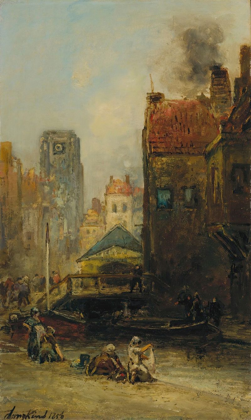 Haagse Veere, Rotterdam de Johan Barthold Jongkind, óleo sobre lienzo que representa reflejos de río y cielo.