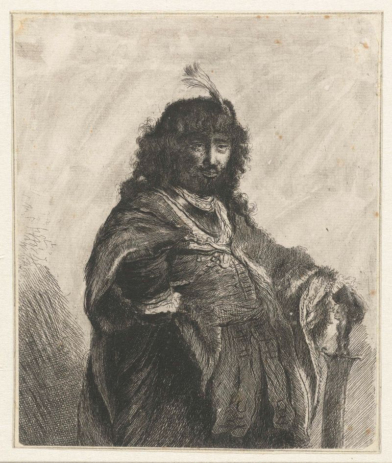 Autorretrato con capucha plumada y sable bajo, grabado por Unknown Artist