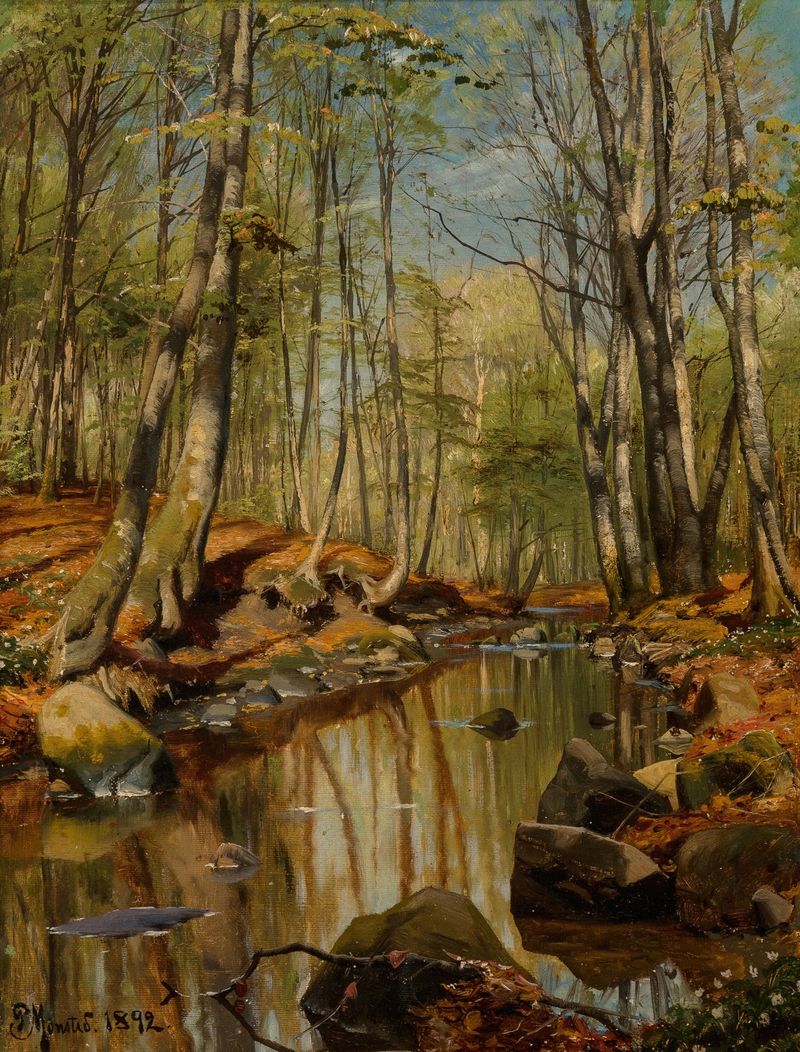 Uma paisagem de rio arborizada, óleo sobre tela de Peder Mørk Mønsted