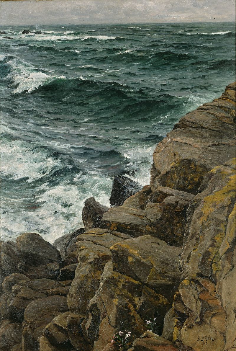 View of the Kattegat by Berndt Lindholm, oil on canvas depicting tranquil waters and sky.