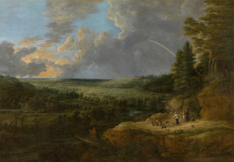 Landscape with a Rainbow by Lucas van Uden, oil painting depicting hills and a river under a rainbow.