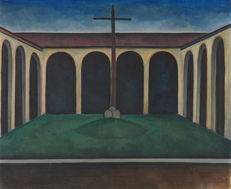 Kreuzgang I by Alexander Kanoldt, oil on canvas depicting sunlight on stone archways