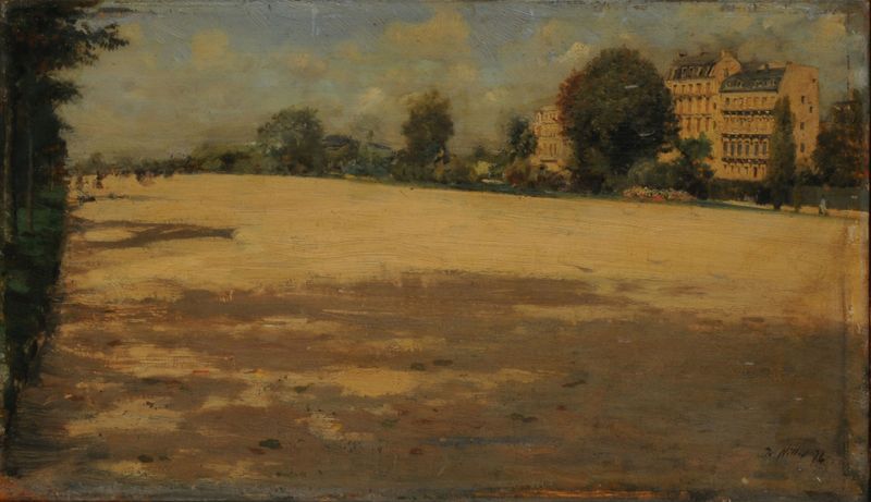 Oil painting by Giuseppe De Nittis depicting trees and golden light.
