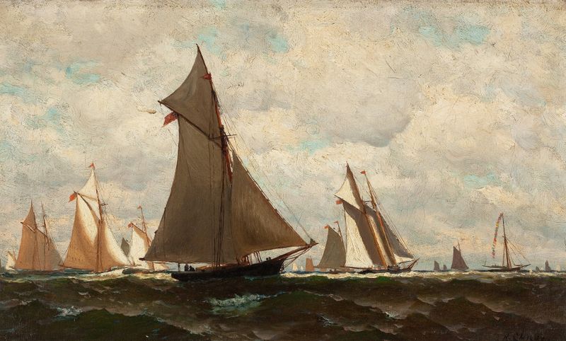 Yachting de Henry Chase, óleo sobre lienzo que representa velas vibrantes y olas del océano.