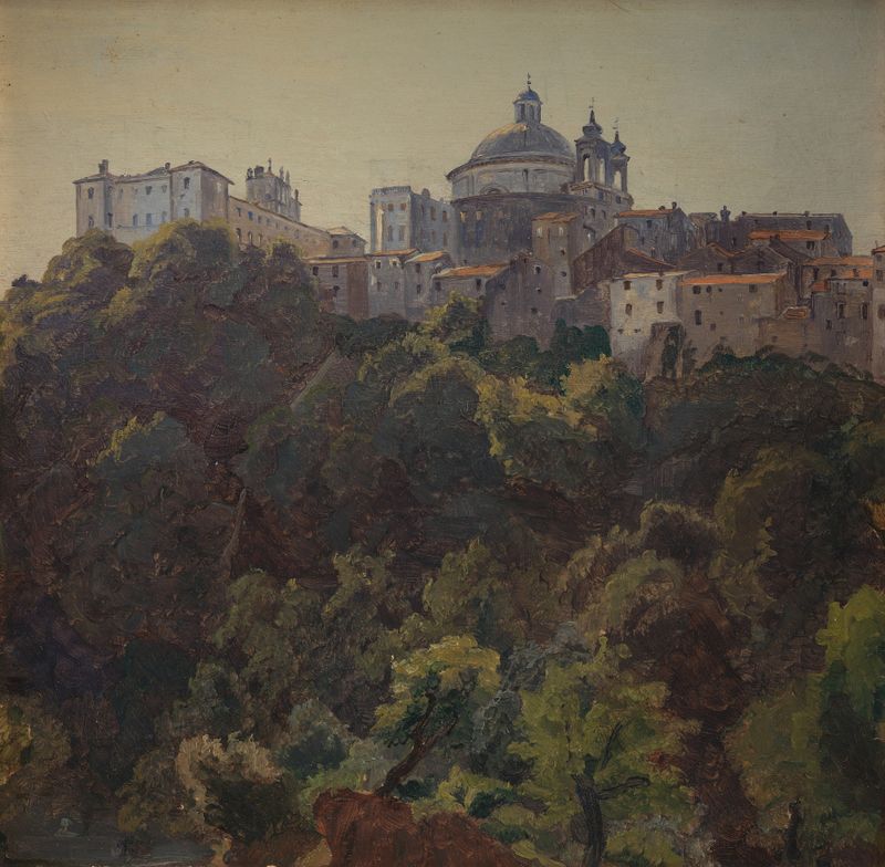 Landscape depicting hills and Palazzo Chigi by Thorald Læssøe, oil painting, 1842-1846