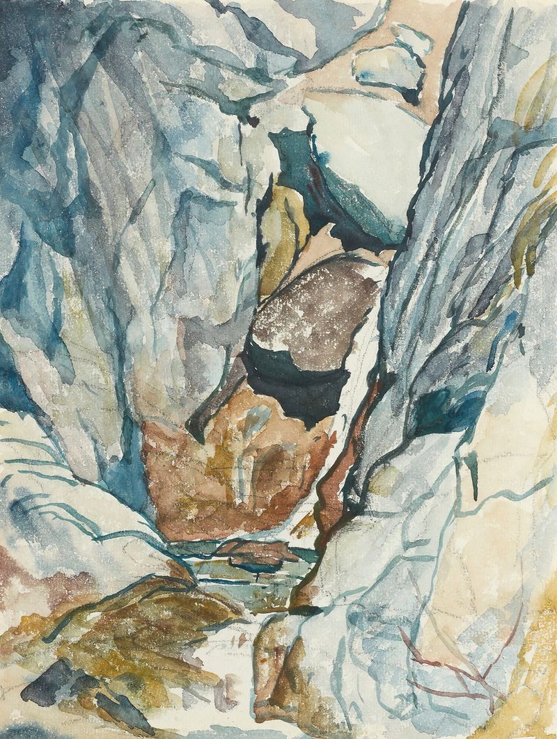 Mountain Gorge With Waterfall by Giovanni Giacometti, oil painting depicting a waterfall in a rocky gorge.