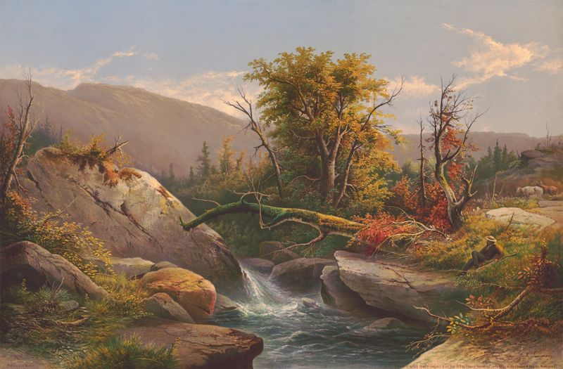 Autumn in the Catskill Mountains, oil on canvas by Carl August Sommer, featuring vibrant trees and mountains.