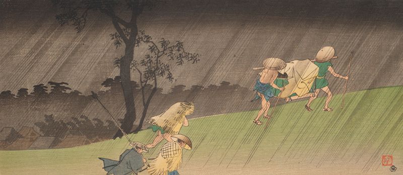 Grabado en madera a color de Takahashi Hiroaki que muestra viajeros bajo paraguas en la lluvia.