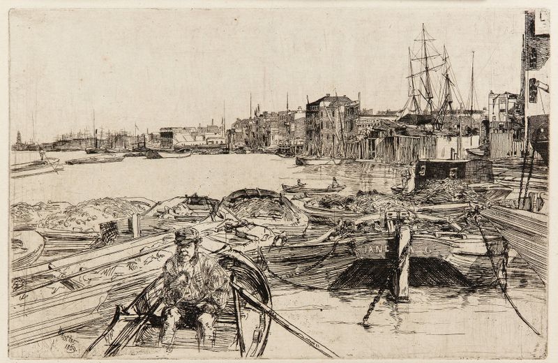 The Pool by James Abbott McNeill Whistler, oil on canvas depicting tranquil water and contemplative figures