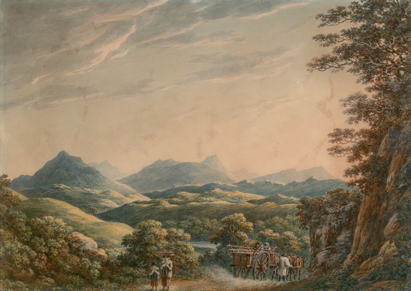 Mountainous Landscape by James George Oben, oil painting depicting rugged terrain and dramatic clouds.