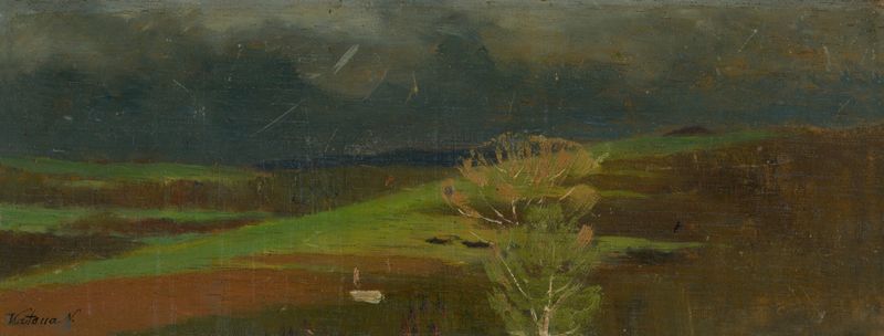 Landscape from under the High Tatras, oil on canvas by Ferdinand Katona, featuring mountains and a serene sky.