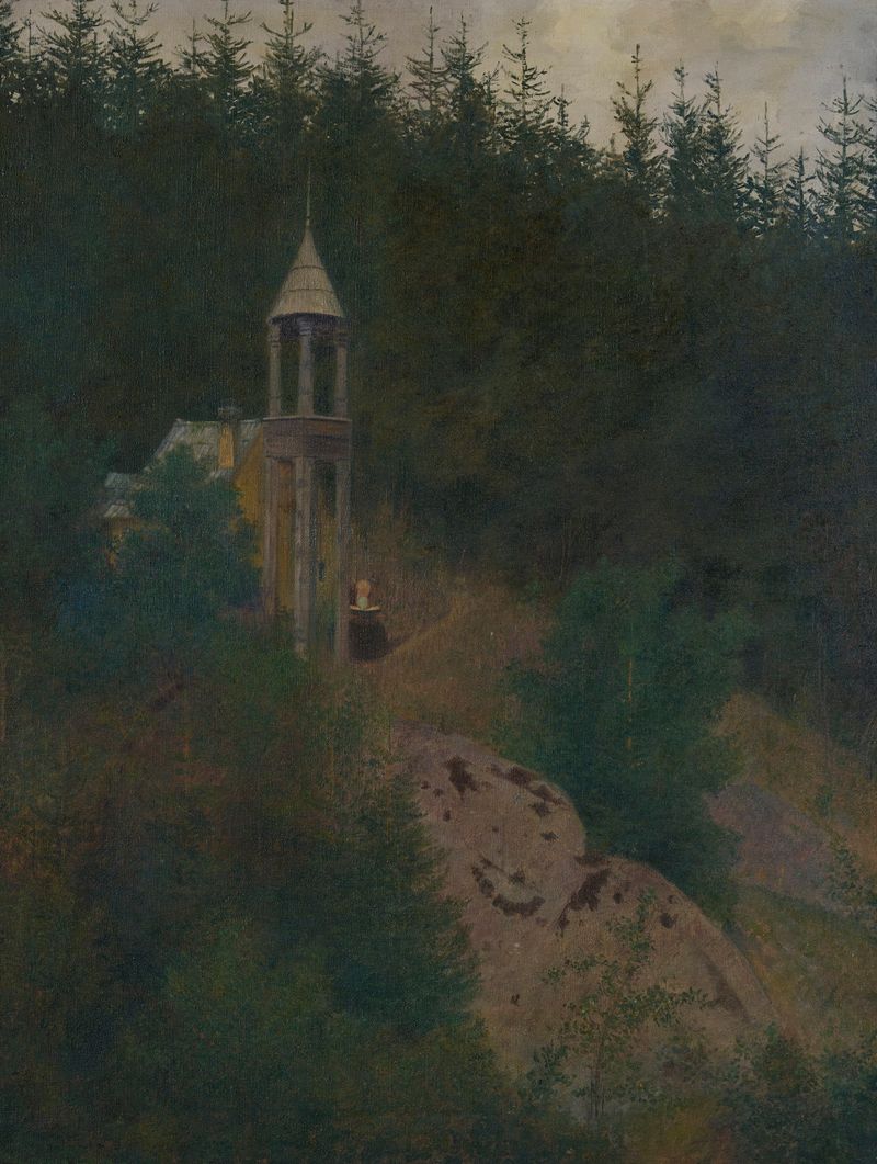 Waldeinsamkeit by Friedrich König, oil on canvas depicting a lone figure in a forest.