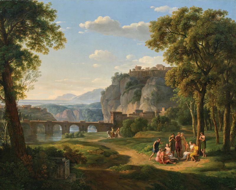 An Arcadian Landscape with a Bridge, oil on canvas by Johann Nepomuk Schödlberger